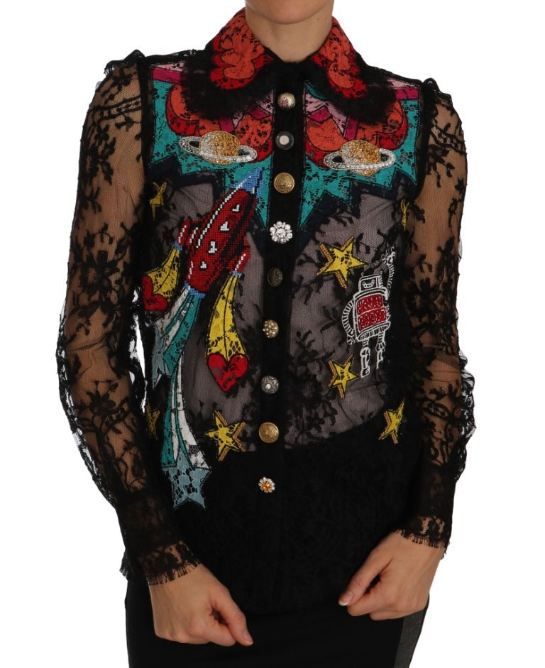 Black lace crystal space shirt by Dolce & Gabbana featuring intricate lace details and sparkling crystal embellishments.