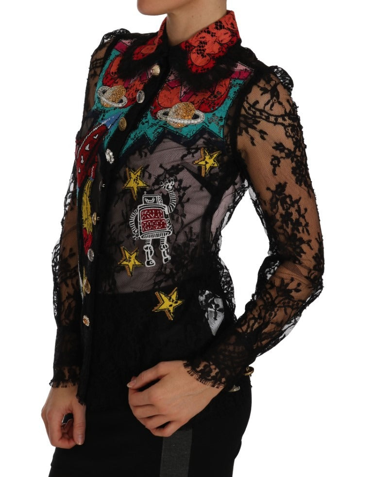Black lace crystal SPACE shirt by Dolce & Gabbana featuring intricate lace details and sparkling embellishments.