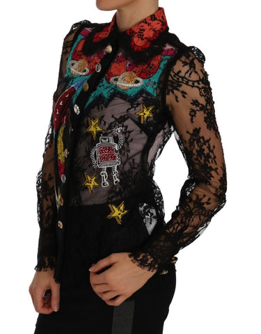 Black lace crystal SPACE shirt by Dolce & Gabbana featuring intricate lace details and sparkling embellishments.