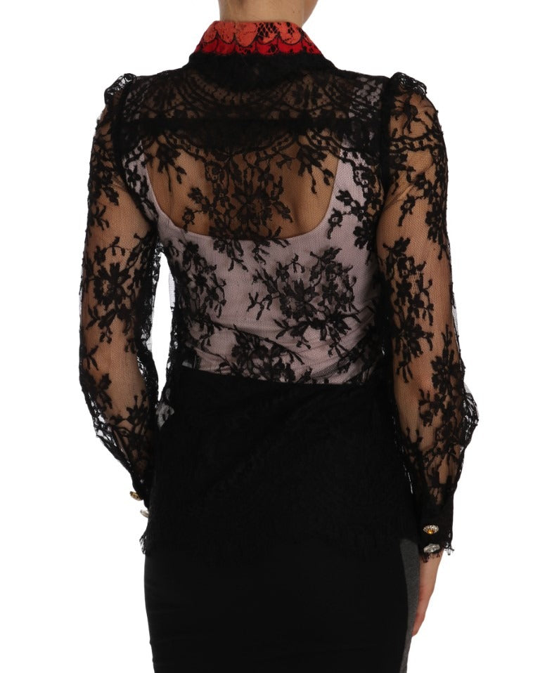 Black lace crystal space shirt by Dolce & Gabbana with intricate lace details and sparkling crystal embellishments.