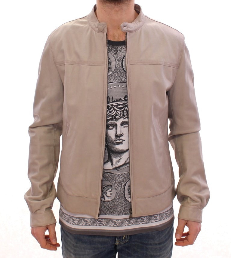 Beige leather biker jacket by Dolce & Gabbana, stylish coat with metal zipper details and classic collar, front view.