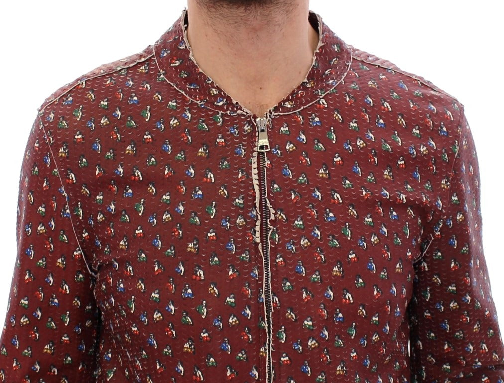 Dolce & Gabbana Bordeaux leather boxer print jacket coat with bold pattern and tailored fit, front view showing detailed design.