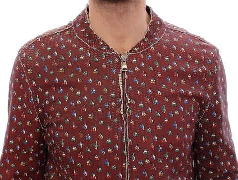 Dolce & Gabbana Bordeaux leather boxer print jacket coat with bold pattern and tailored fit, front view showing detailed design.