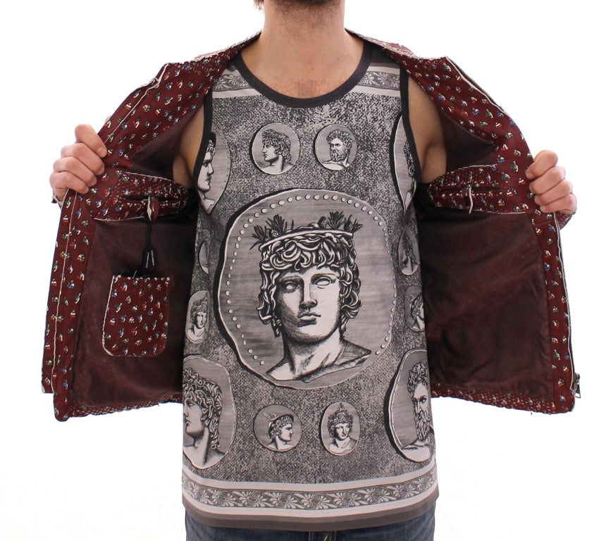 Dolce & Gabbana Bordeaux leather boxer print jacket featuring a stylish coat design with bold print and tailored fit.