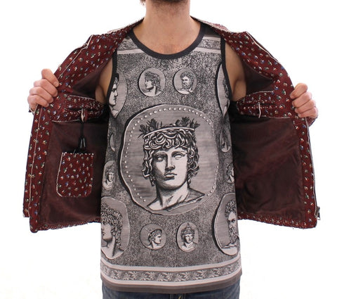 Dolce & Gabbana Bordeaux leather boxer print jacket featuring a stylish coat design with bold print and tailored fit.