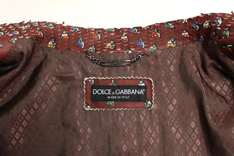 Dolce & Gabbana Bordeaux leather jacket with boxer print, stylish coat featuring bold pattern and tailored fit.