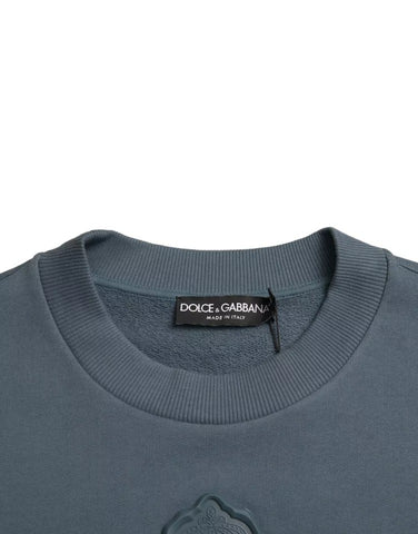 Blue Cotton Logo Patch Crew Neck Men Pullover Sweater