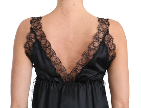 Black silk lace lingerie cami by Dolce & Gabbana, featuring stretch fabric and delicate lace details.