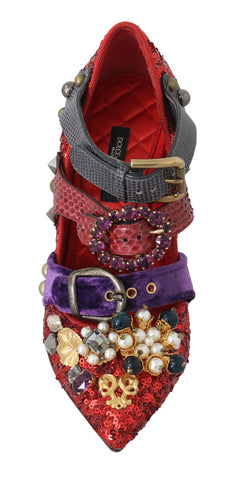 Red sequined crystal studded heels shoes by Dolce & Gabbana, featuring a stylish, glamorous design with sparkling embellishments.