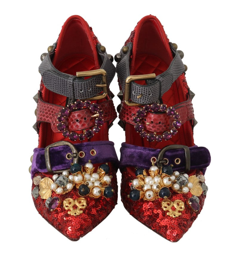 Red sequined crystal stud heels shoes by Dolce & Gabbana with sparkling embellishments and stylish design.
