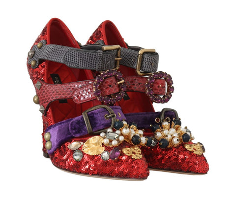 Red sequined crystal studded heels shoes by Dolce & Gabbana, featuring a sleek design with sparkling embellishments.