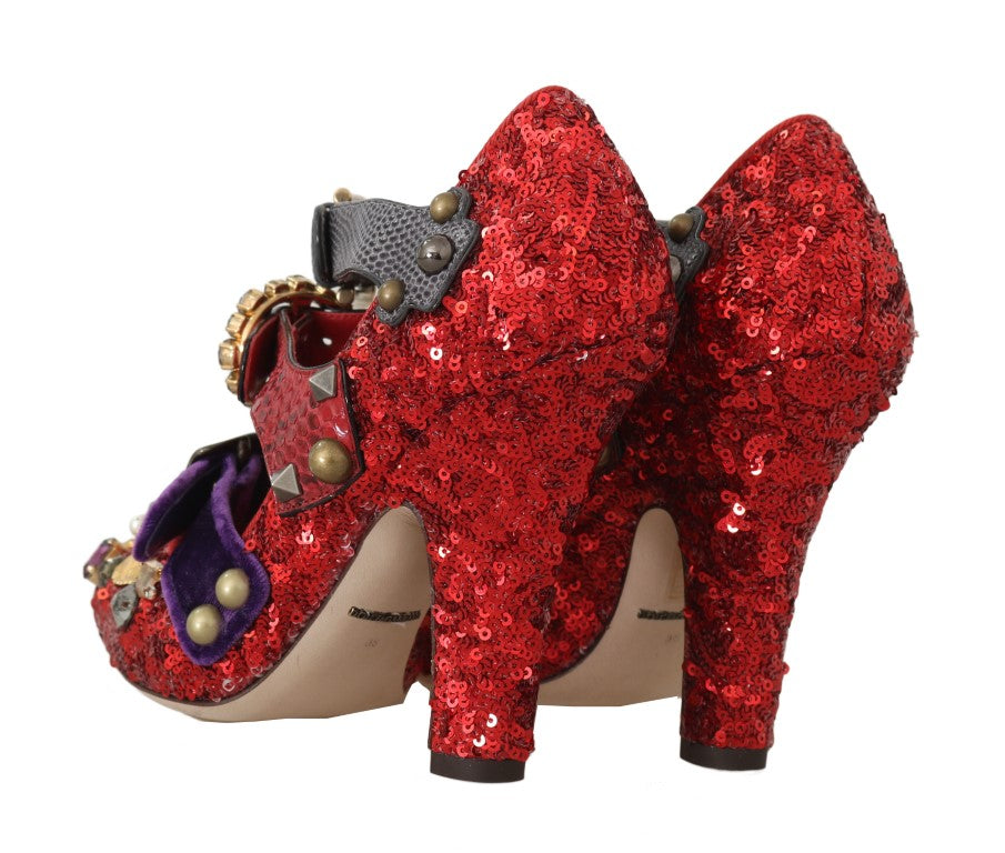 Red sequined crystal studded heels shoes by Dolce & Gabbana, featuring a stylish design with sparkling embellishments.