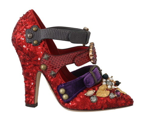 Red sequined crystal studs heels shoes by Dolce & Gabbana with glittering embellishments and elegant design.