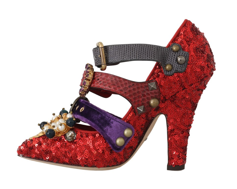 Red sequined crystal studded heels shoes by Dolce & Gabbana, featuring sparkling embellishments and a stylish design.