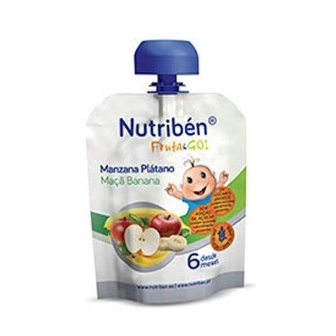 Nutriben Fruit & Go apple and banana baby snack in 90g pack, featuring fresh fruit pieces in a convenient pouch.