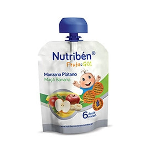 Nutriben Fruit & Go apple and banana snack pack by Jag Couture London, showing fresh fruit pieces in a 90g container.