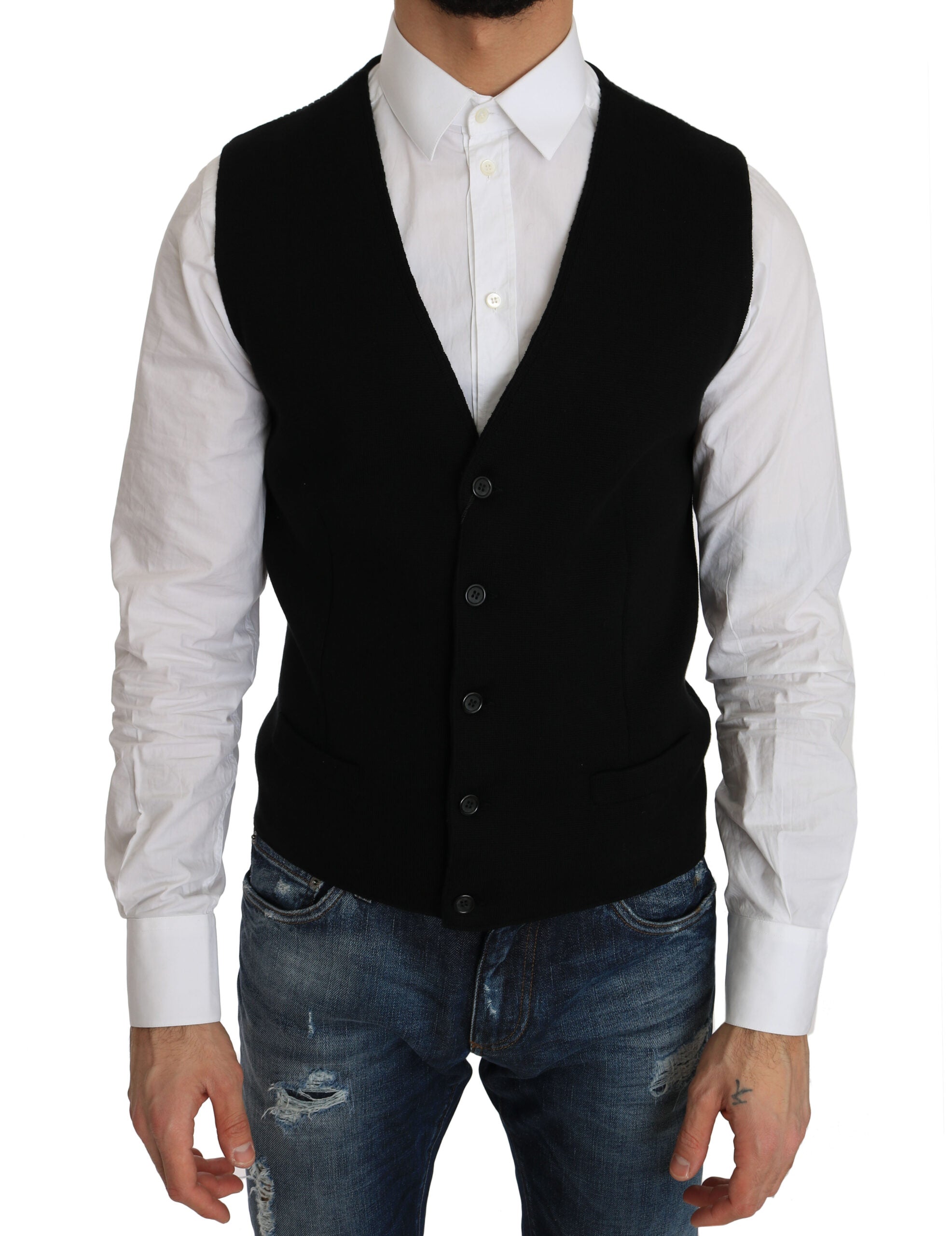 Black cotton dress with woven waistcoat by Dolce & Gabbana, featuring stylish fabric details and a sophisticated fit.