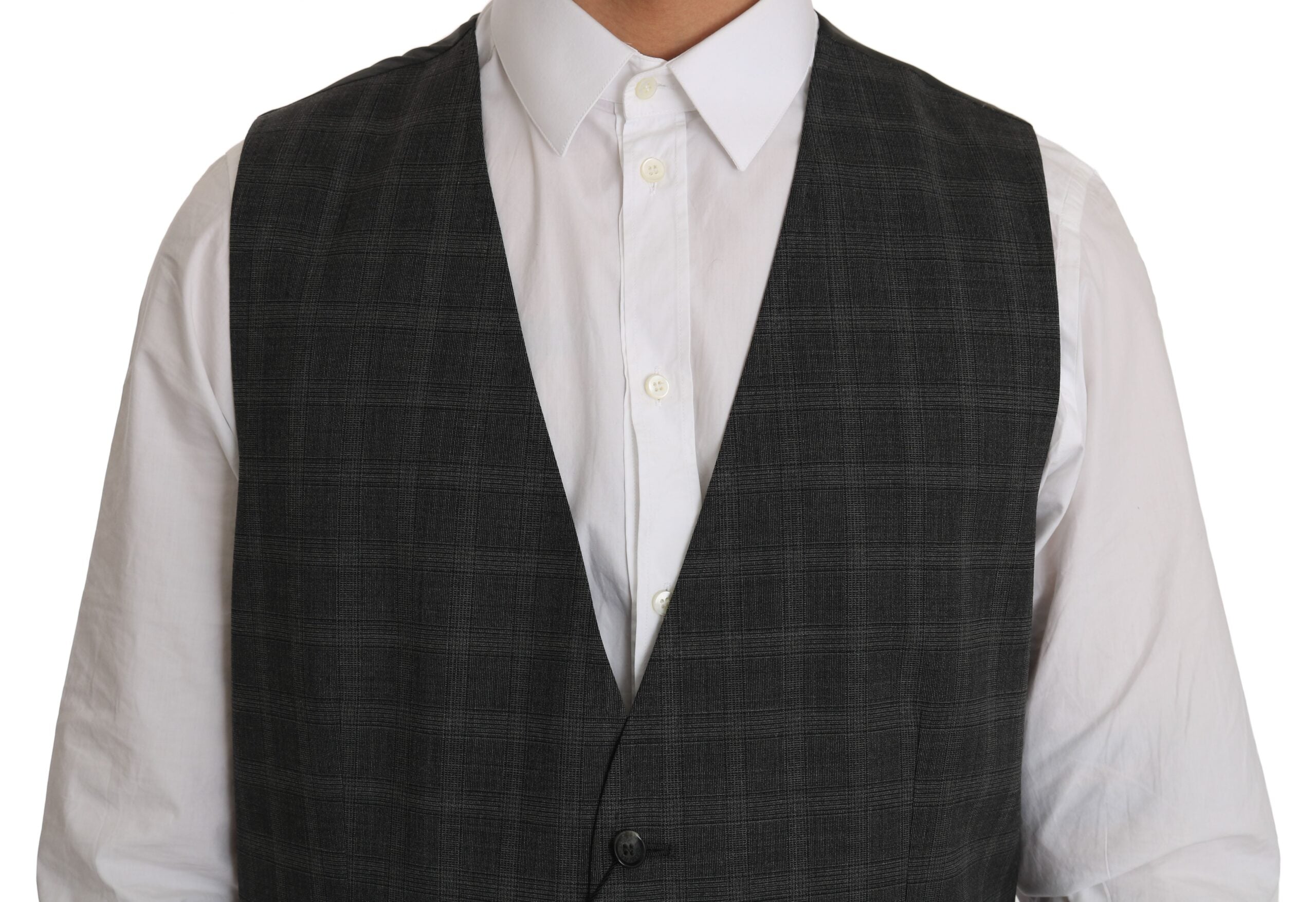 Gray wool checkered stretch vest by Dolce & Gabbana, featuring a stylish pattern and tailored fit.