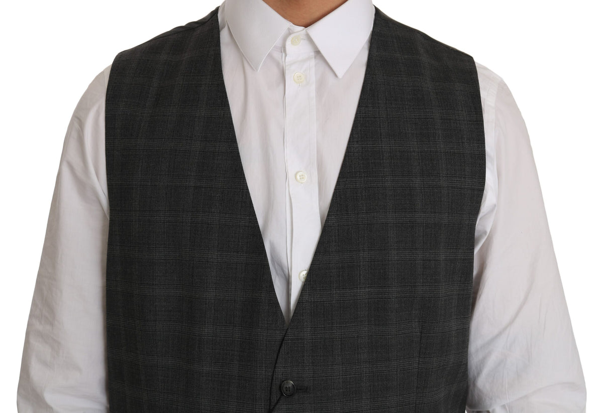 Gray wool checkered stretch vest by Dolce & Gabbana, featuring a stylish pattern and tailored fit.