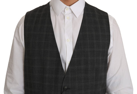 Gray wool checkered stretch vest by Dolce & Gabbana, featuring a stylish pattern and tailored fit.