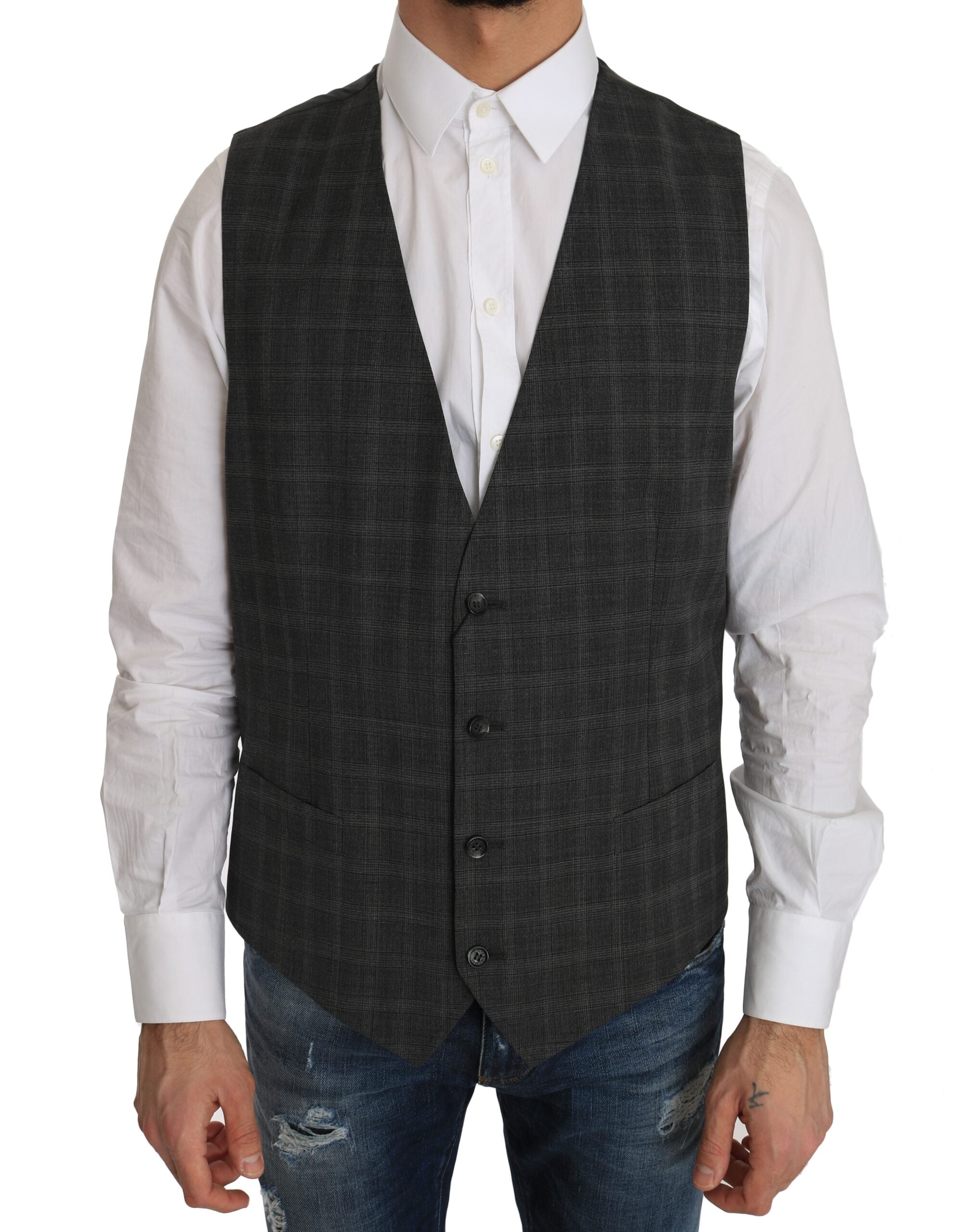 Gray wool checkered stretch vest by Dolce & Gabbana, featuring a fitted design and classic pattern.