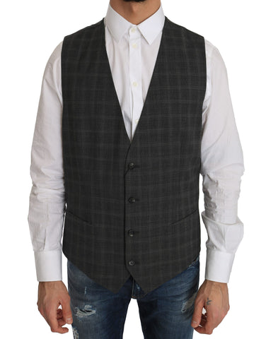 Gray wool checkered stretch vest by Dolce & Gabbana, featuring a fitted design and classic pattern.