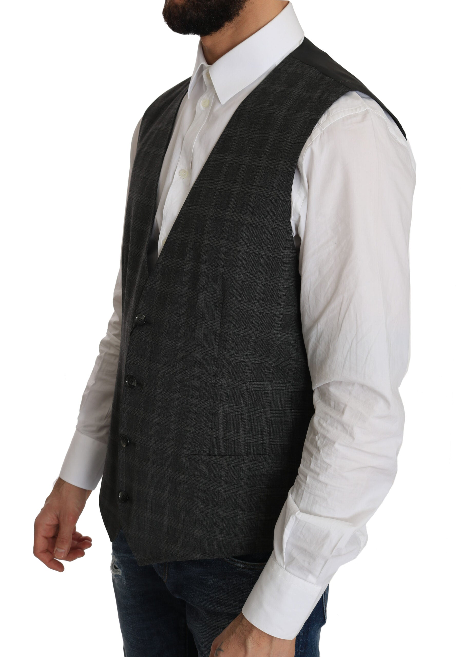 Gray wool checkered stretch vest by Dolce & Gabbana, featuring a tailored fit and stylish pattern.