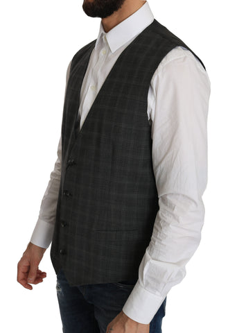 Gray wool checkered stretch vest by Dolce & Gabbana, featuring a tailored fit and stylish pattern.