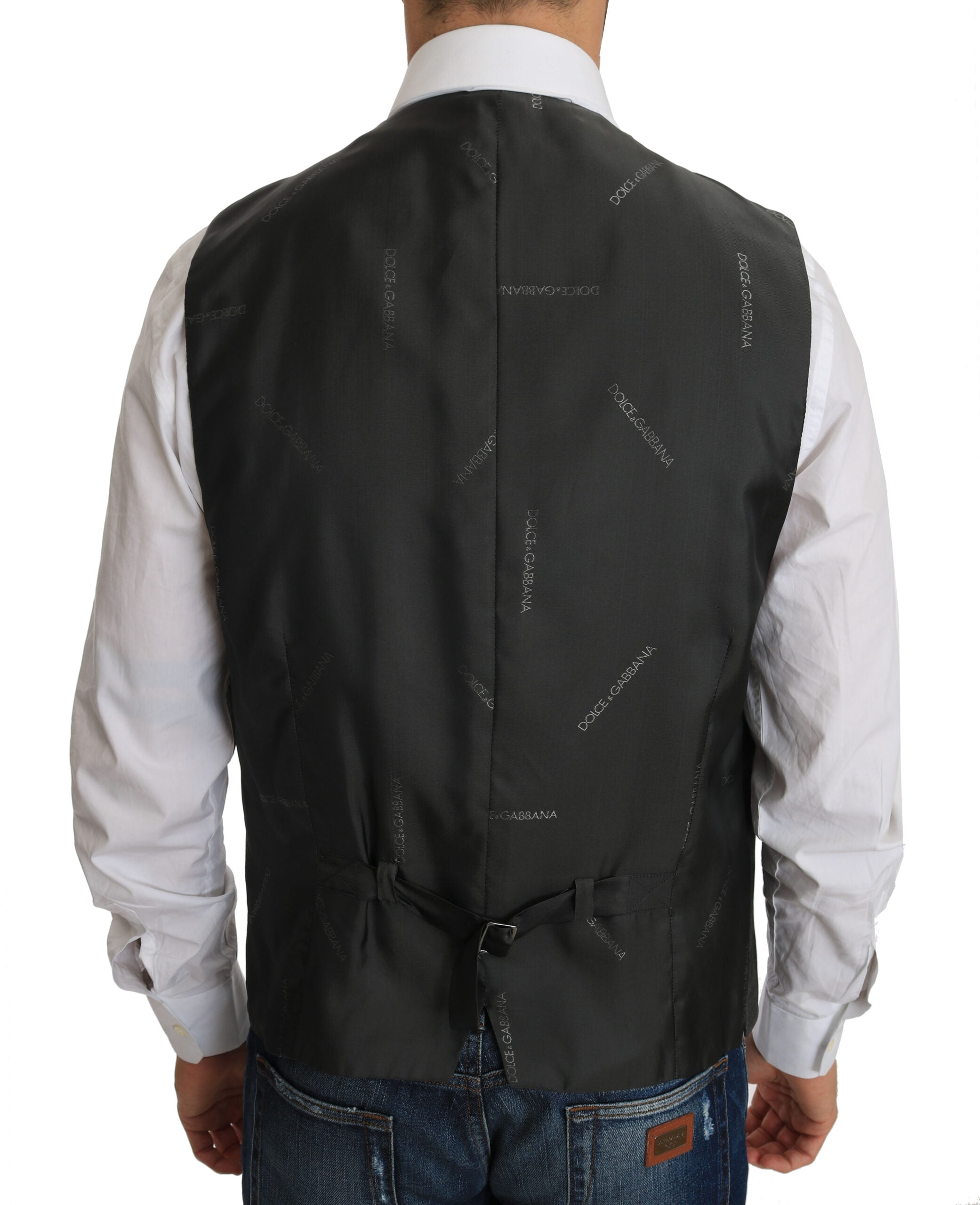 Gray wool checkered stretch vest by Dolce & Gabbana, featuring a stylish staff checkered pattern and tailored fit.