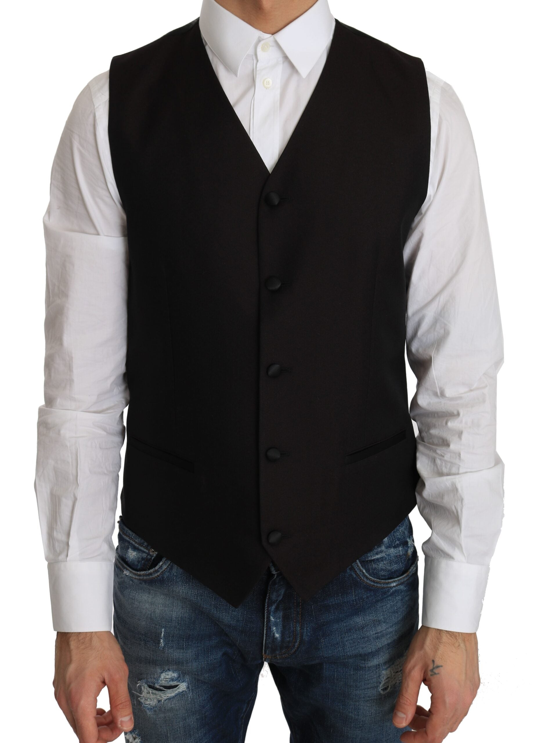 Black silk dress waistcoat by Dolce & Gabbana, tailored fit with sleek fabric and classic design, displayed on a hanger.