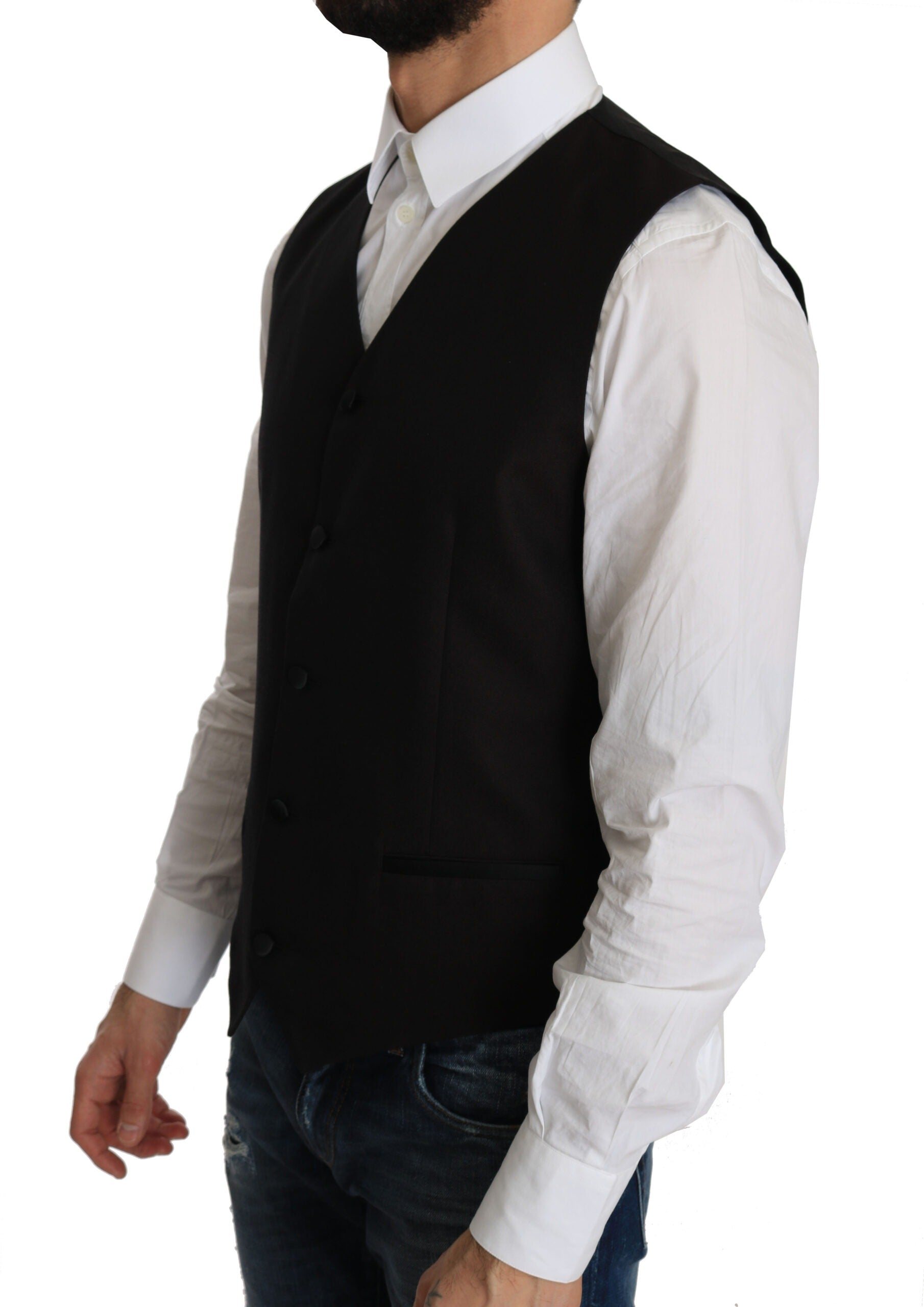 Black silk dress waistcoat by Dolce & Gabbana, tailored fit with sleek fabric and stylish lapel details.
