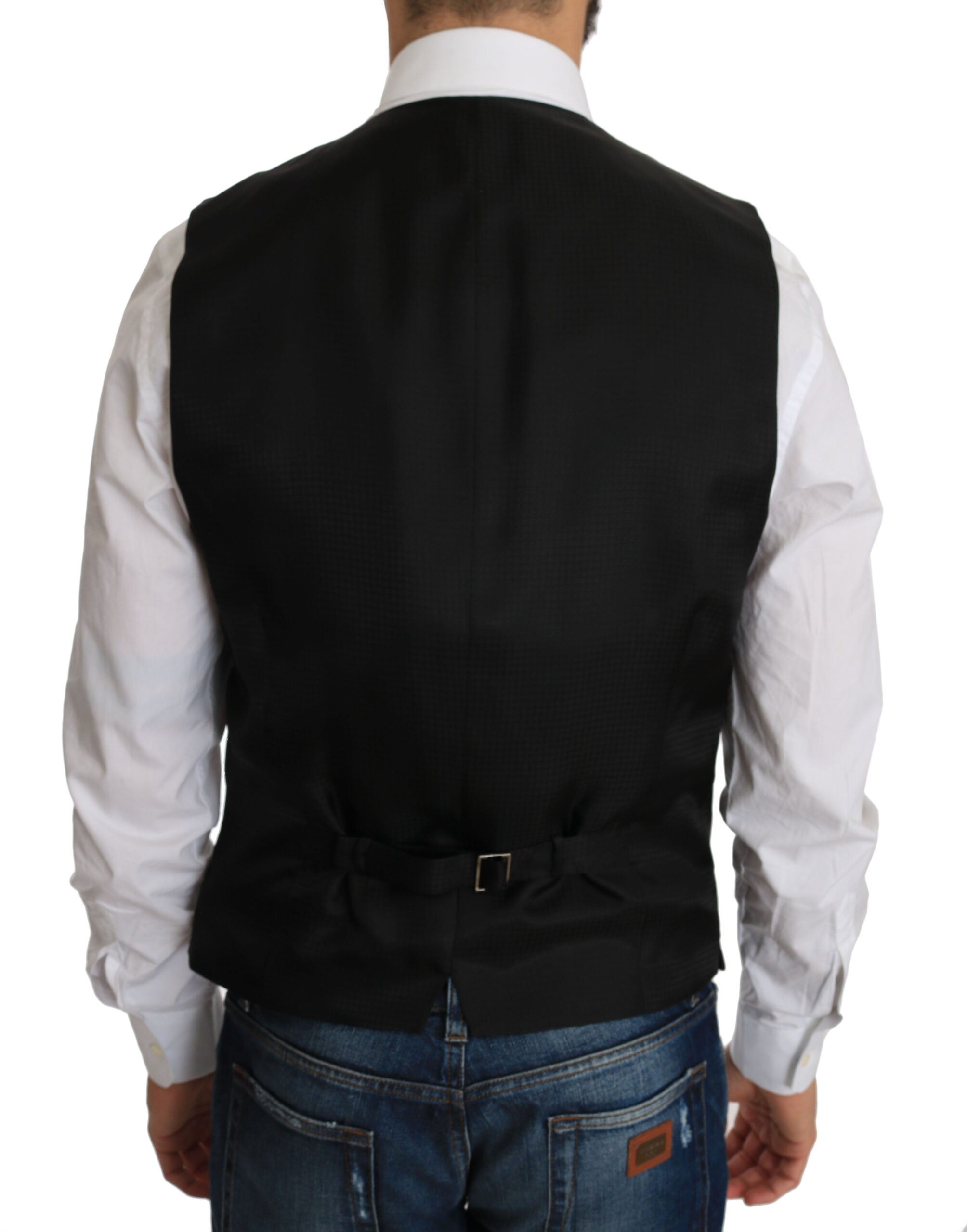 Black silk dress waistcoat by Dolce & Gabbana, tailored fit with sleek fabric and stylish design, shown on a mannequin.