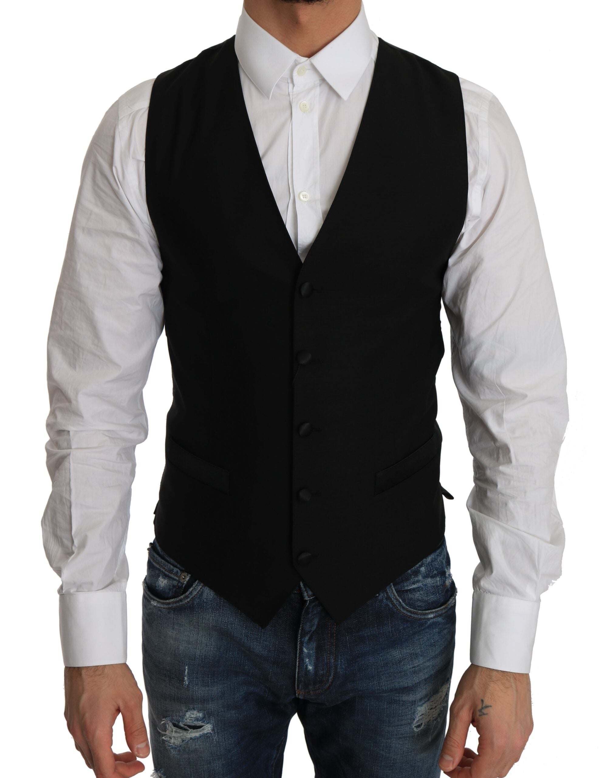 Black wool dress waistcoat by Dolce & Gabbana, tailored fit with lapel collar and button closure, stylish formal fashion piece.