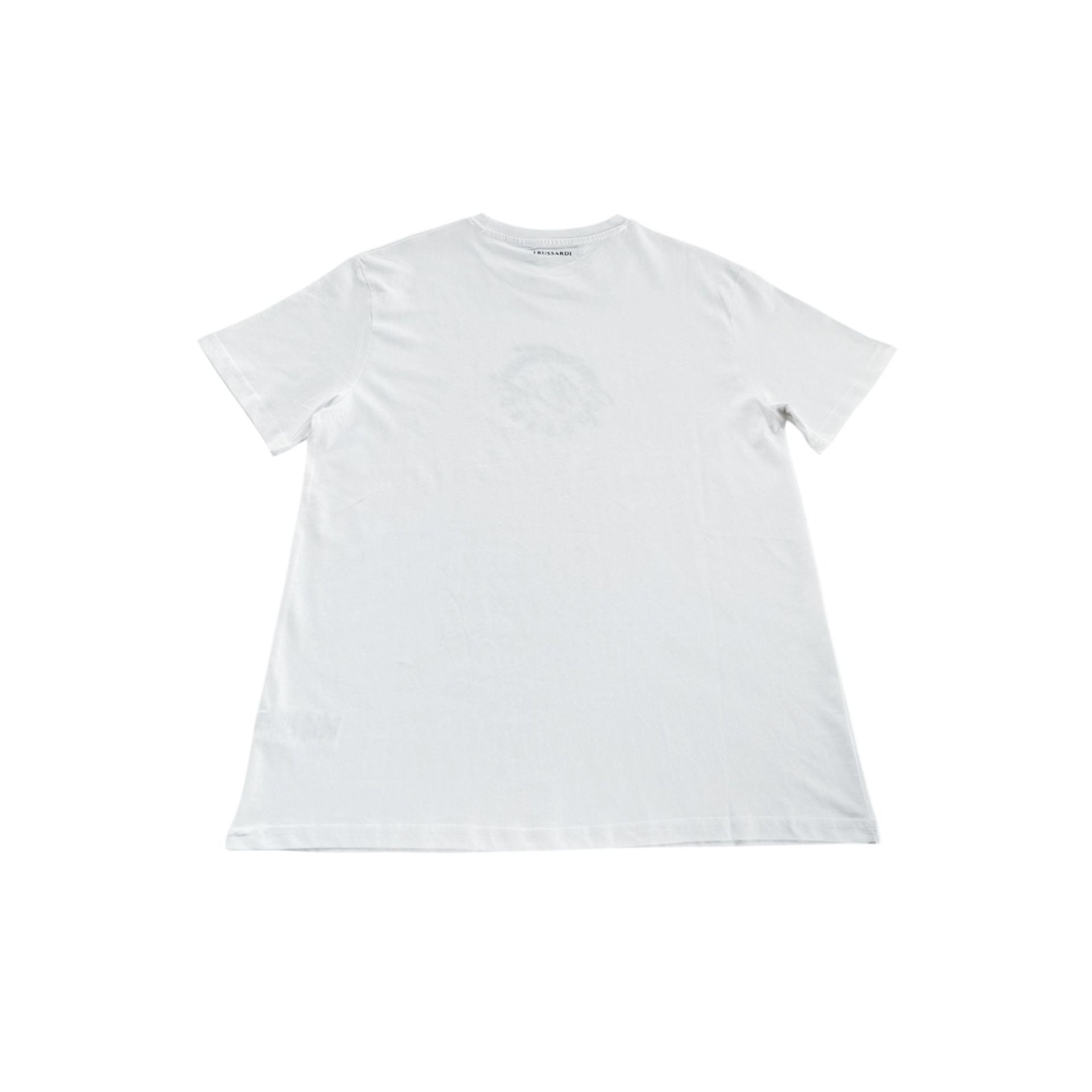 White Trussardi Beachwear TRU25MTS01 on a model, showcasing stylish summer swimwear from Jag Couture London - New York.
