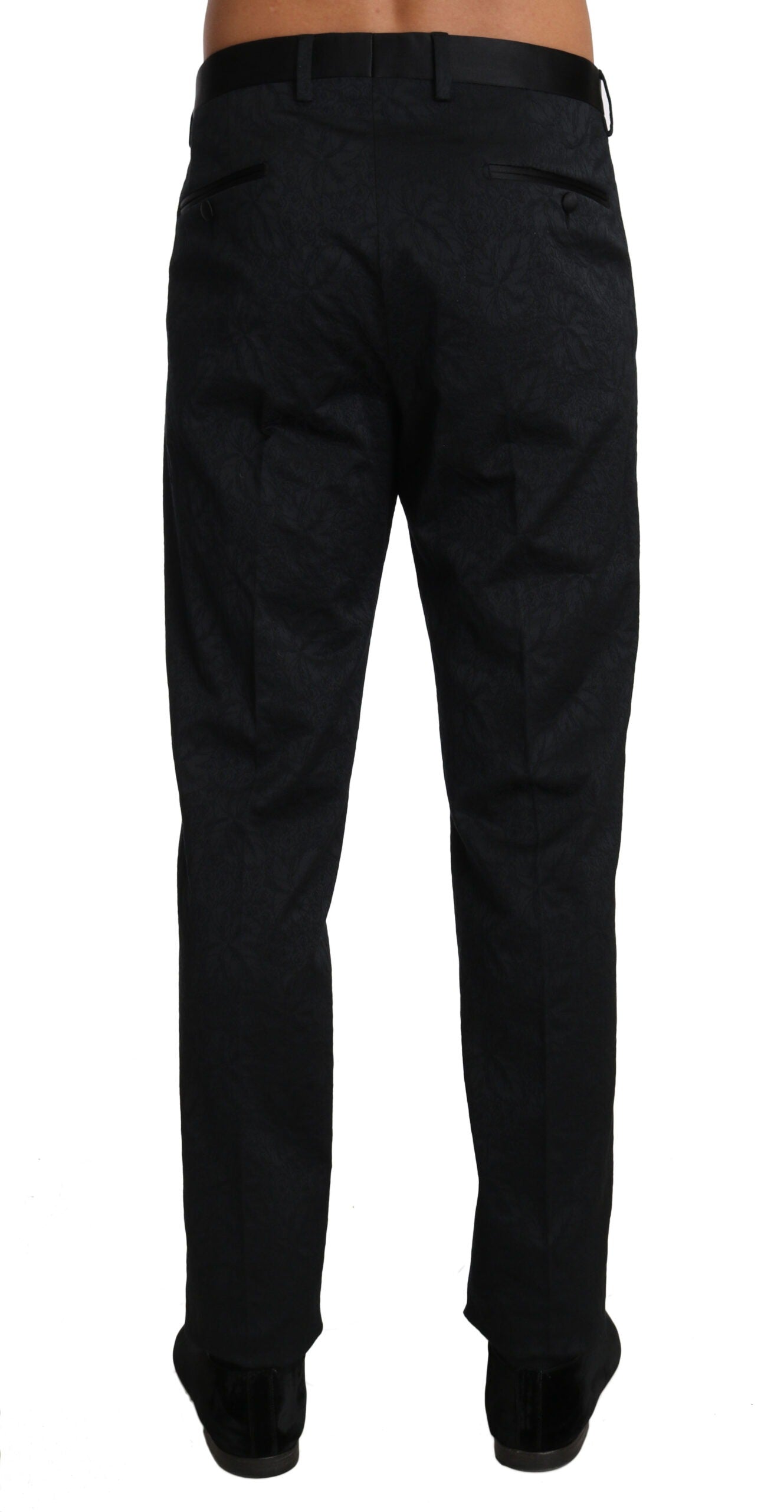 Black cotton brocade formal trousers from Dolce & Gabbana, showcasing tailored fit and intricate fabric detail.