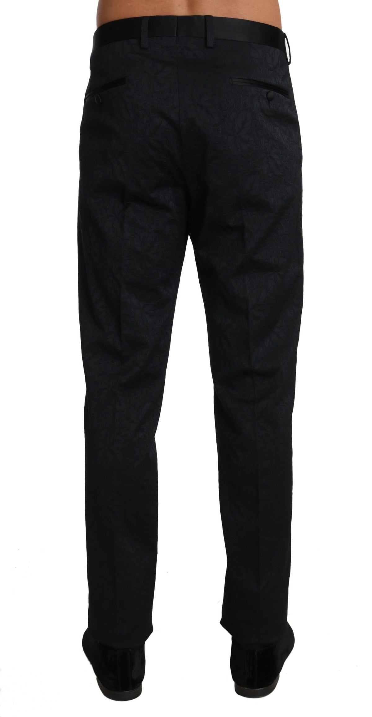 Black cotton brocade formal trousers from Dolce & Gabbana, showcasing tailored fit and intricate fabric detail.