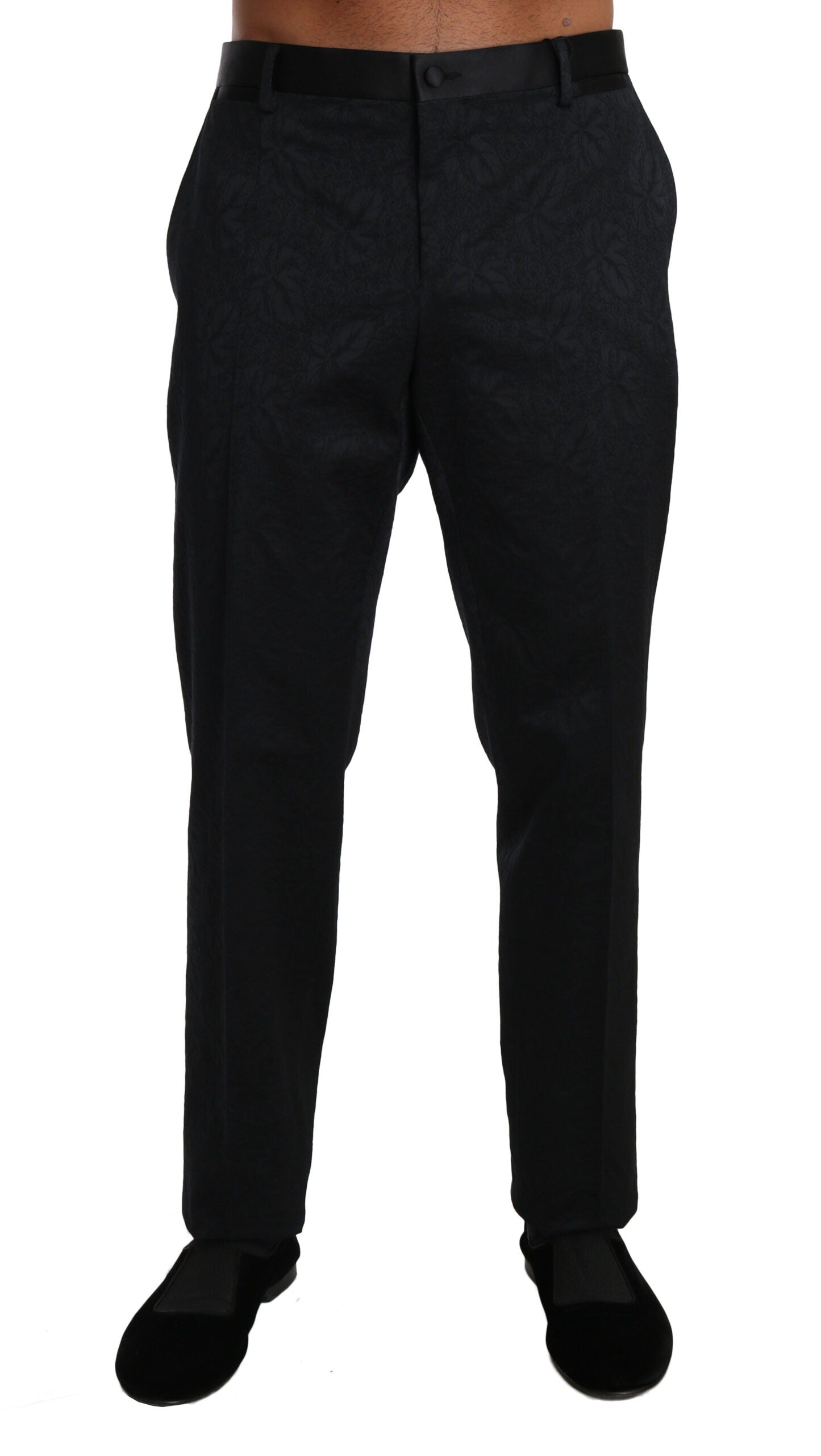 Black cotton brocade formal trousers by Dolce & Gabbana, featuring a tailored fit and intricate fabric pattern.