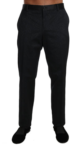 Black cotton brocade formal trousers by Dolce & Gabbana, featuring a tailored fit and intricate fabric pattern.