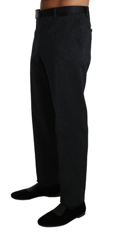 Black cotton brocade formal trousers by Dolce & Gabbana, featuring a tailored fit and intricate brocade pattern.