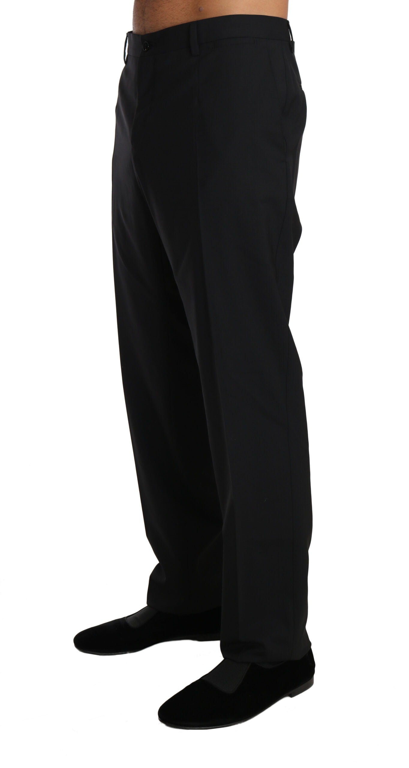 Black wool stretch formal trousers by Dolce & Gabbana, tailored fit with sleek waistband and classic straight-leg design.