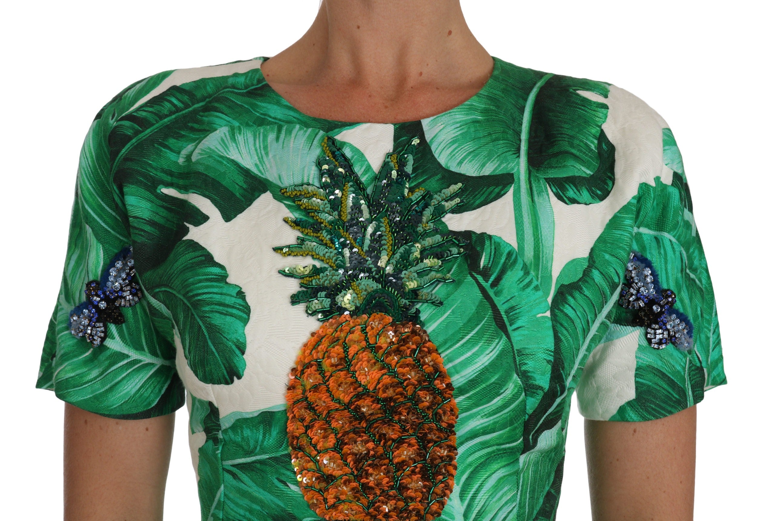 Dolce & Gabbana A-Line dress with banana leaf and pineapple crystal embroidery, featuring a vibrant tropical floral pattern.
