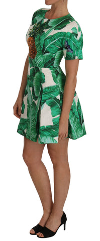 Dolce & Gabbana A-Line dress with banana leaf and pineapple crystal embroidery, tropical-inspired floral design, sleeveless style.