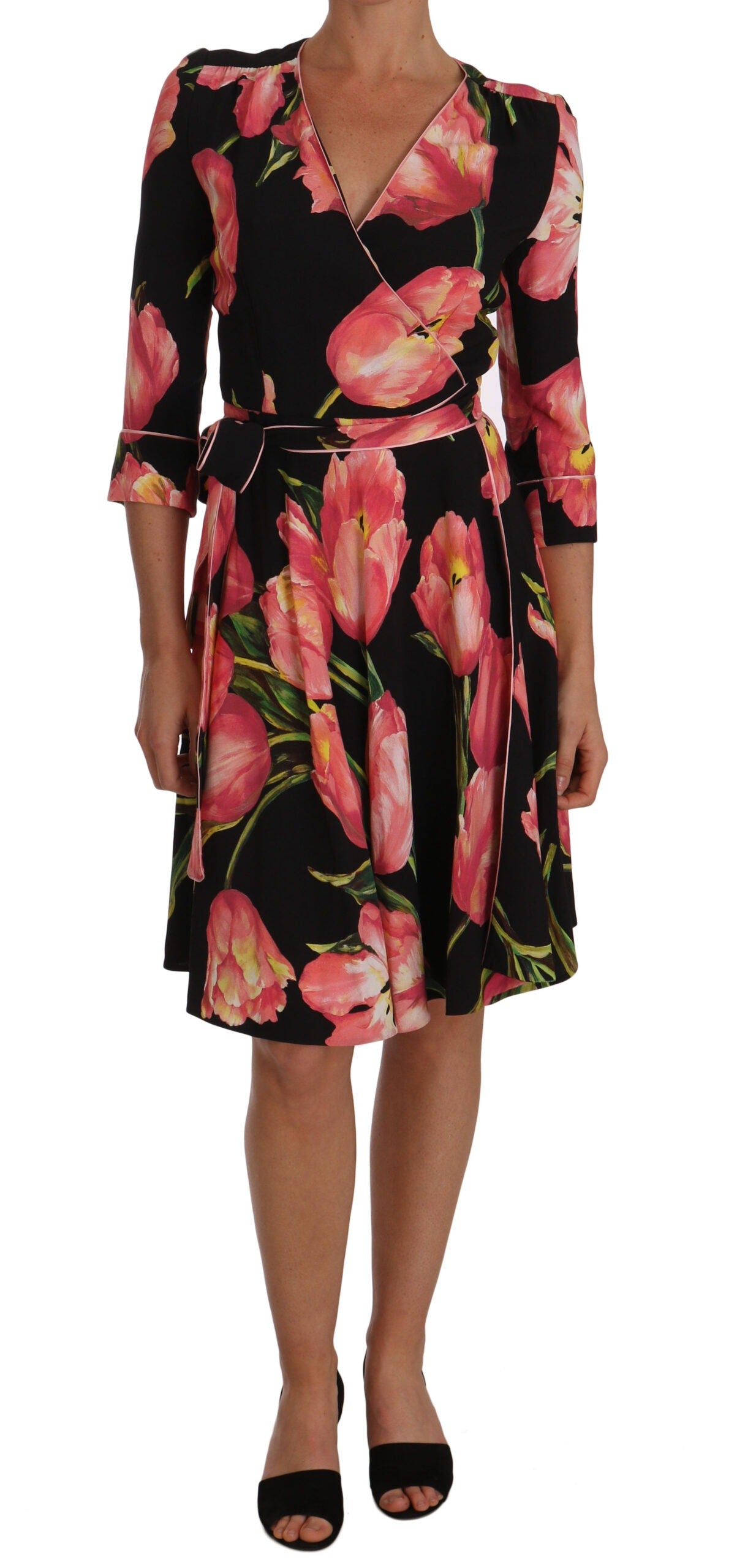Black Pink Tulip Print Stretch Shift Dress by Dolce & Gabbana showing a fitted dress with tulip floral pattern and vibrant colors.