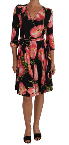 Black Pink Tulip Print Stretch Shift Dress by Dolce & Gabbana showing a fitted dress with tulip floral pattern and vibrant colors.