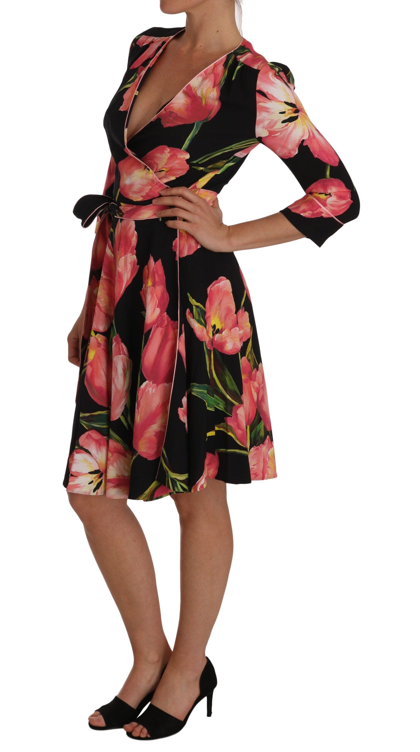 Black Pink Tulip Print Stretch Shift Dress by Dolce & Gabbana, featuring a fitted silhouette with vibrant floral pattern.