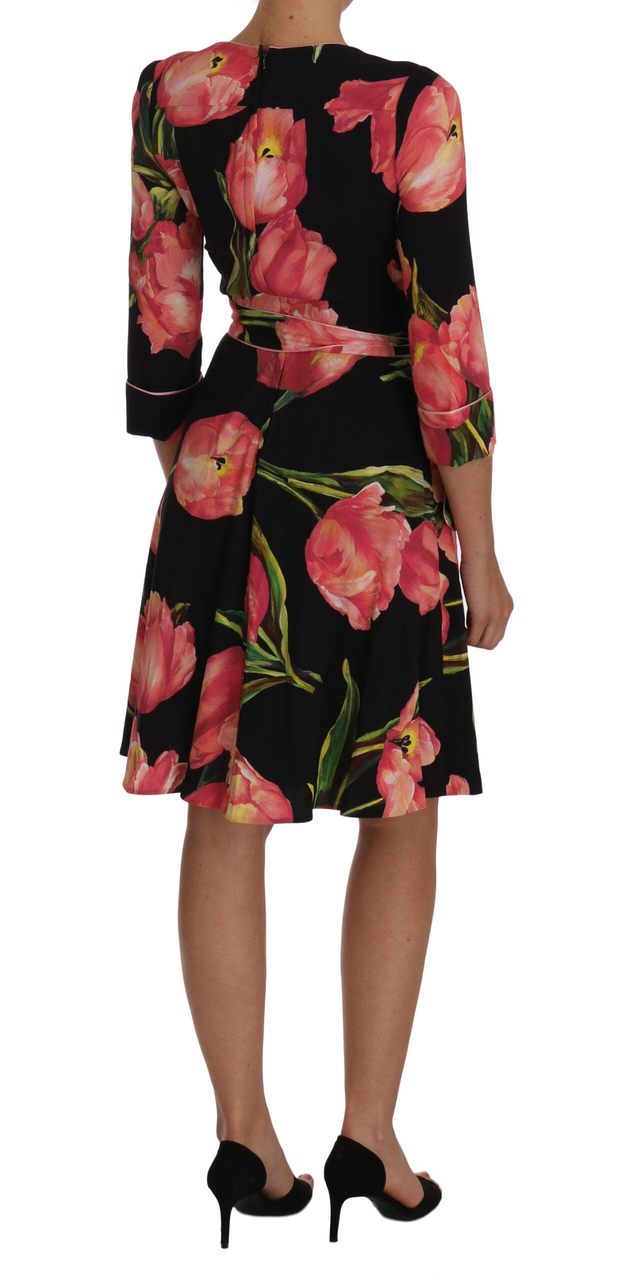 Black pink tulip print stretch shift dress by Dolce & Gabbana, featuring a fitted silhouette and vibrant floral pattern.