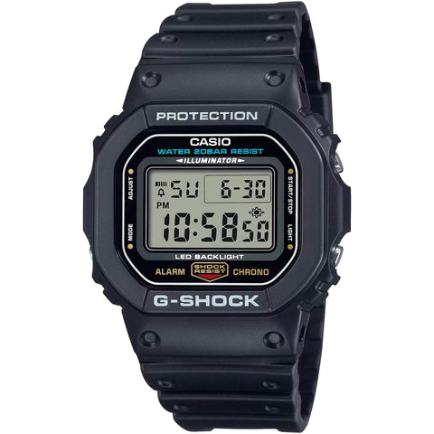 Casio X093_DW-5600UE-1ER digital watch with black strap and square face, featuring multiple digital displays and chronograph functions.
