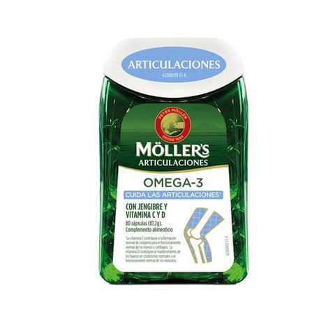 Jag Couture London Omega-3 capsules bottle, Moller's Joints supplement with 80 capsules for joint support and overall health.
