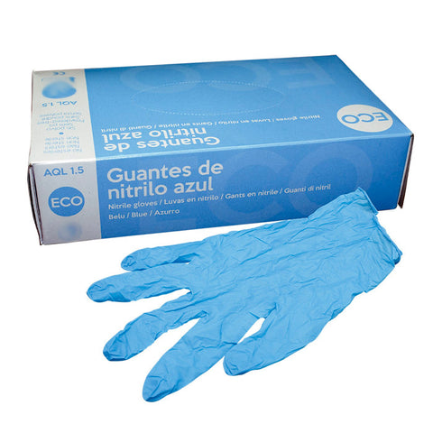 Blue Abena Nitrile Guards in size S, 150-count, shown in packaging with protective gloves on a plain background.