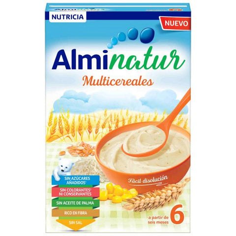 Almirón Alminatur Multicereal 250g box with assorted cereal grains, showcasing healthy breakfast options by Jag Couture London - New York